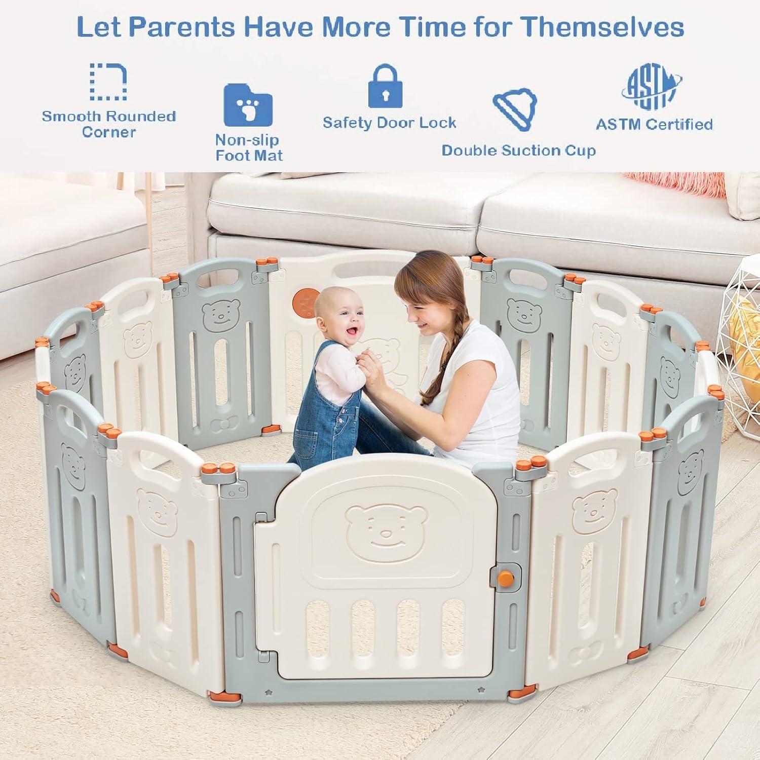 Costway Foldable Baby Playpen 14 Panels Kids Activity Play Yard Anti-slip Suction Cups Upgraded Safety Lock Safety Play Center for Babies & Toddlers