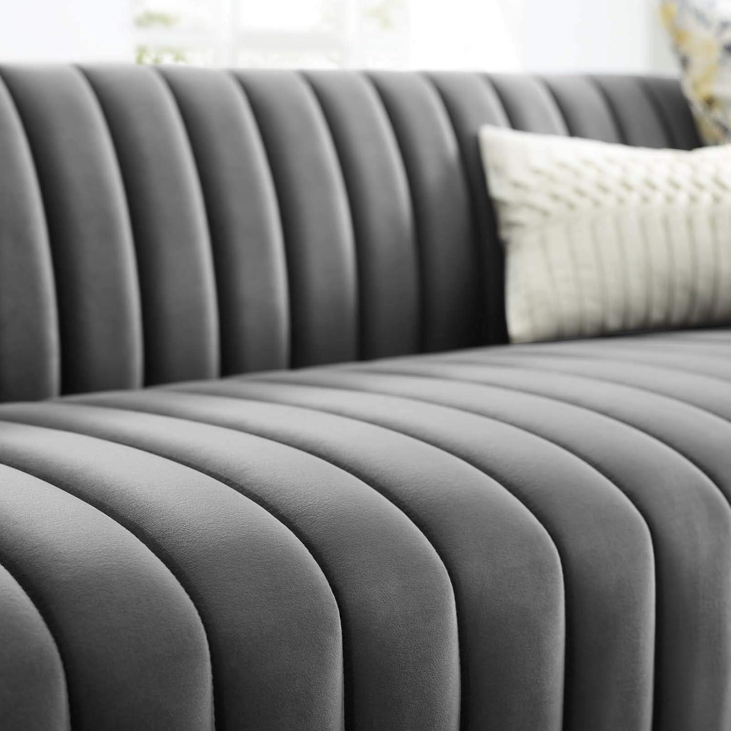 Gray Tufted Velvet Tuxedo Arm Sofa with Wood Base