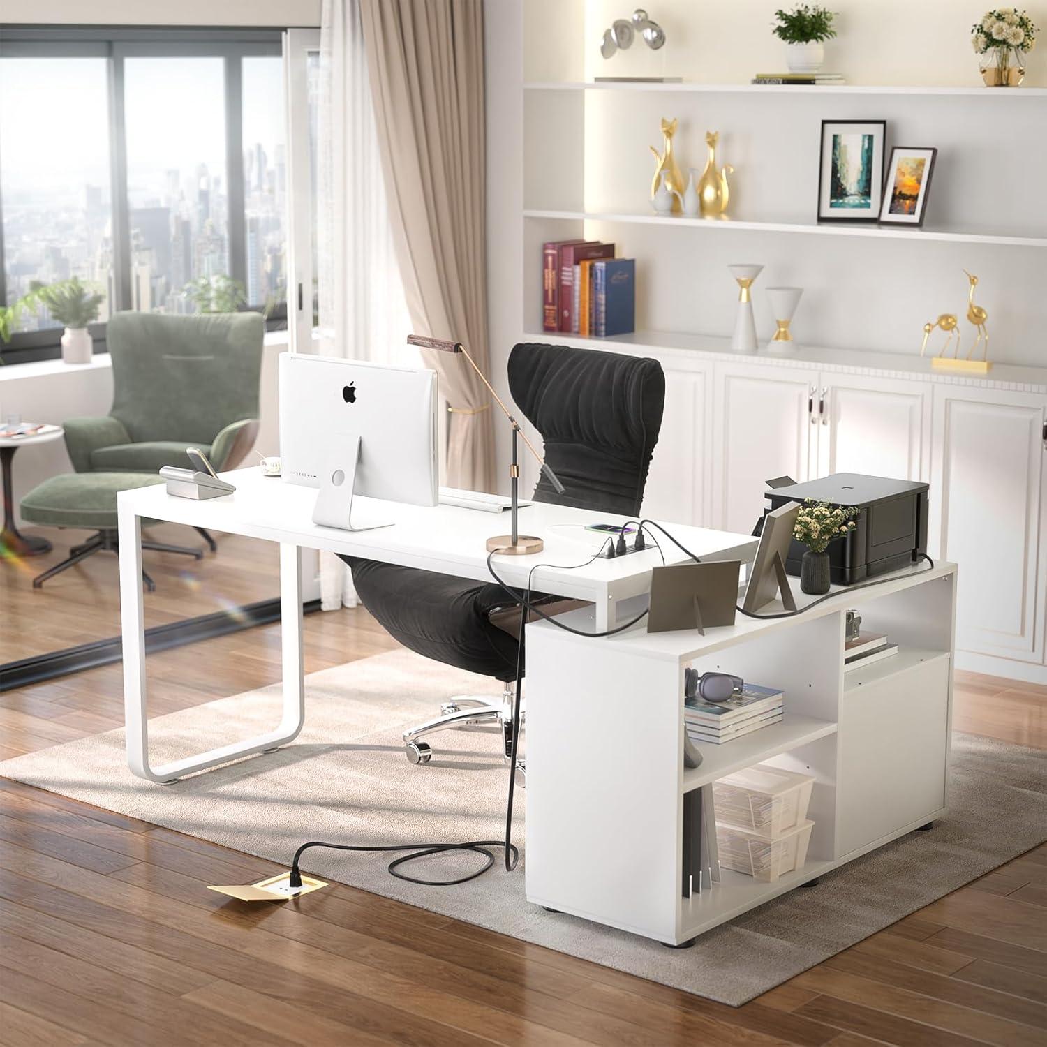 Furmax 55" L-Shaped Corner Computer Desk with File Cabinet, Power Outlet, Home Office Desk with 2 Drawers and 3 Storage Shelve, Workstation Executive Desk with Storage Shelf for Home Office, White