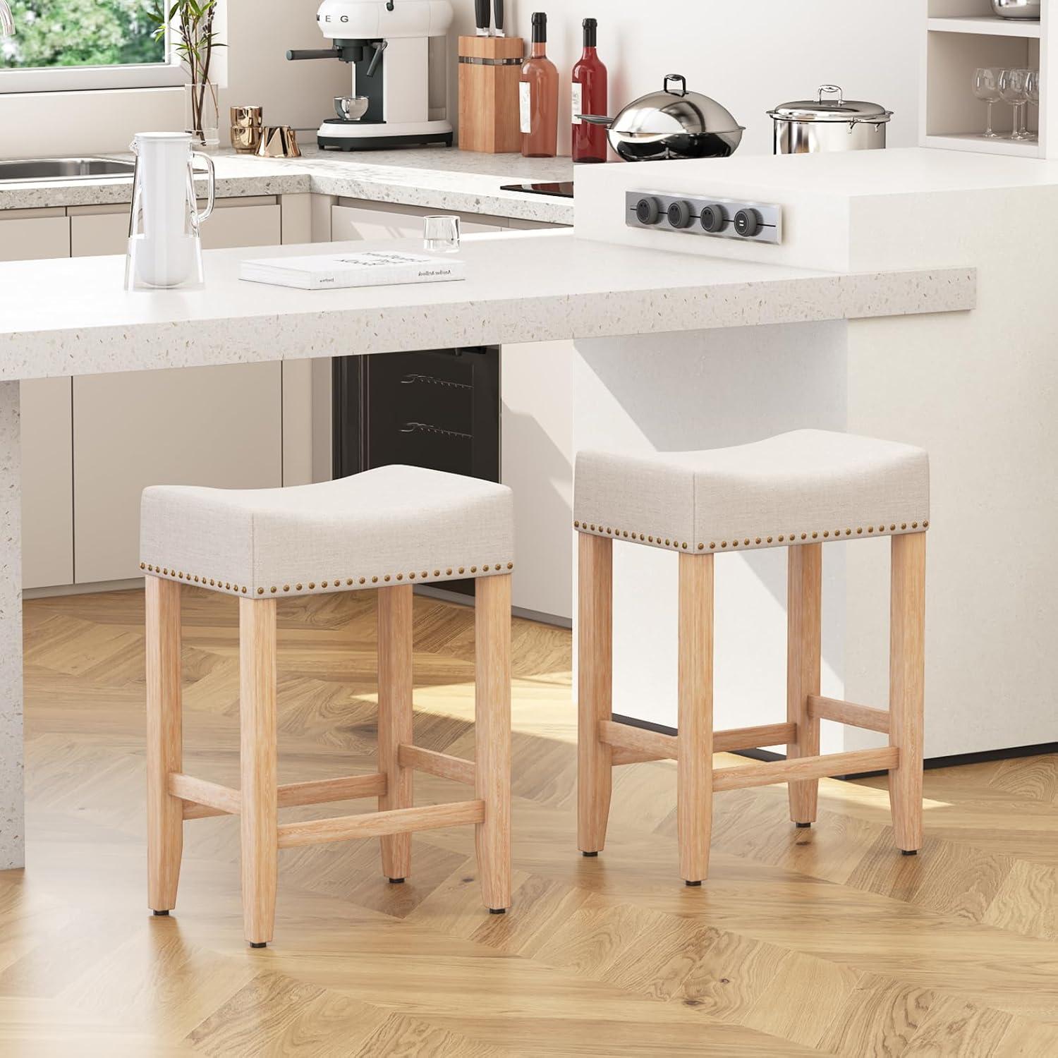 Furniliving 26" Counter Height Bar Stools, Linen Backless Saddle Seat Barstools, Set of 4,Beige