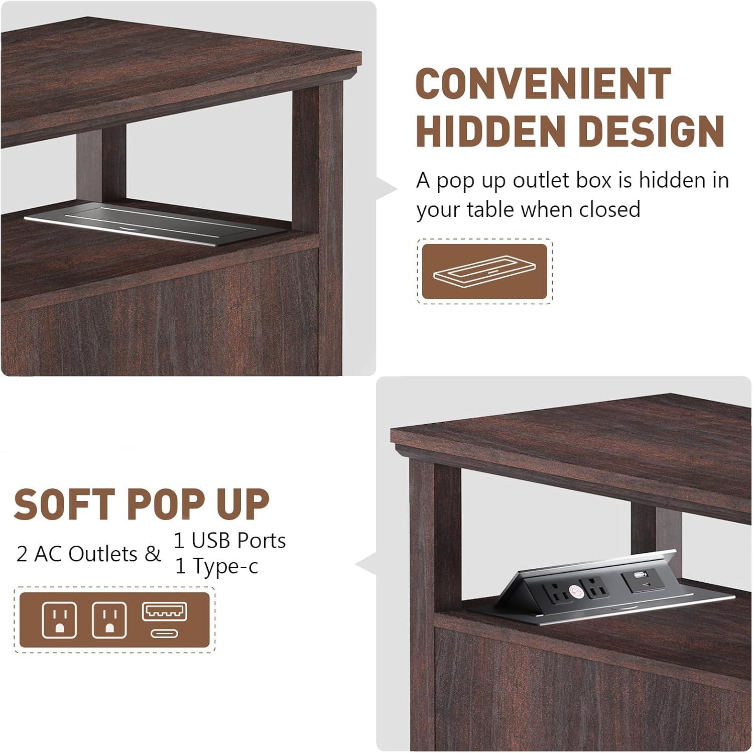 Espresso Wood End Table with Charging Station and Storage