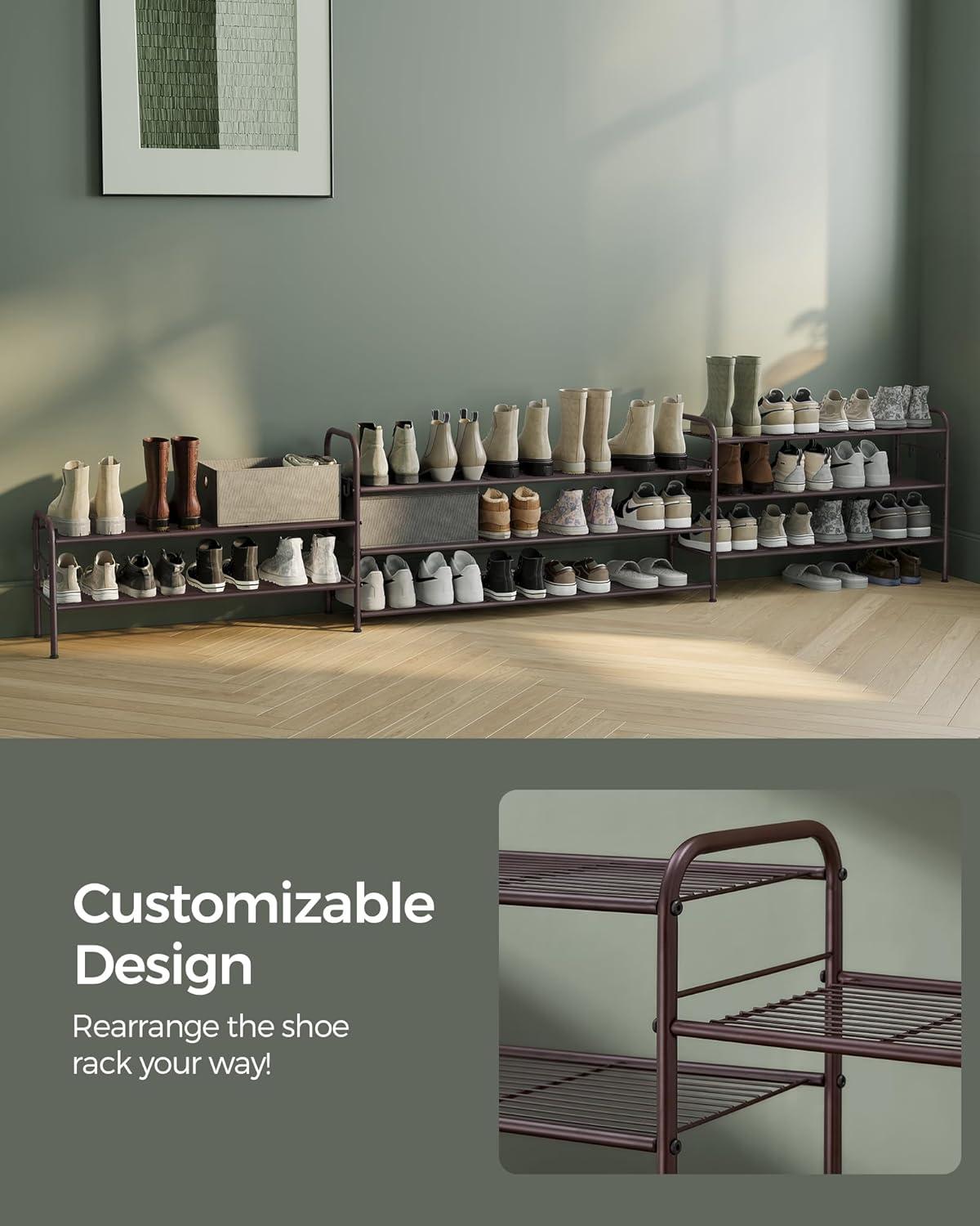 Chestnut Brown 2-Tier Metal Shoe Rack with Hooks