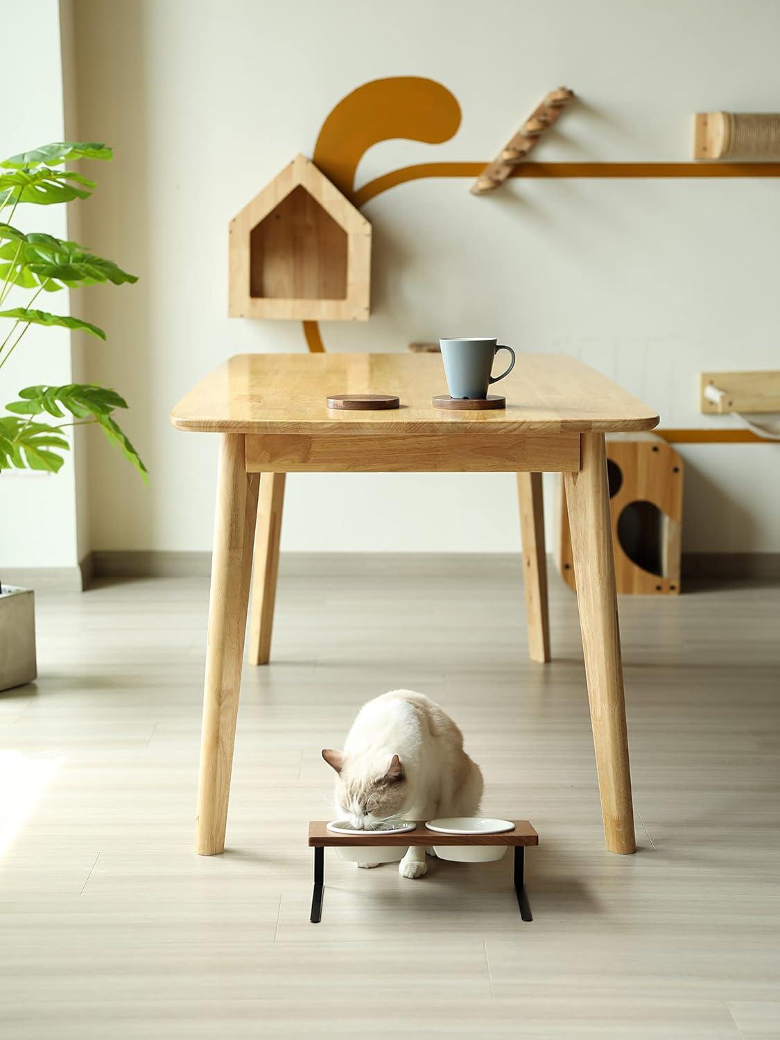 Elevated Cat Ceramic Bowls, Small Dog 15°Tilted Raised Food Feeding Dishes, Solid Walnut Water Stand Feeder Set for Cats and Puppy