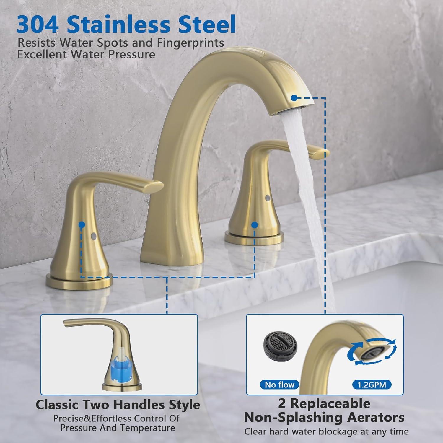 Brushed Gold 8-Inch Widespread Double Handle Bathroom Faucet