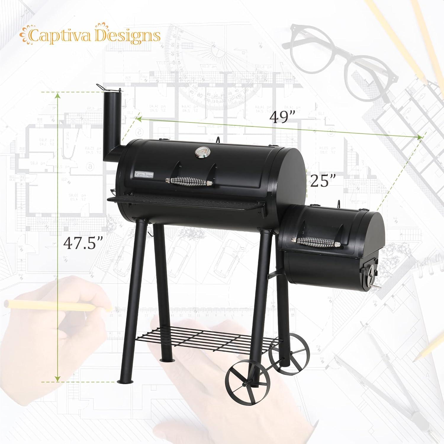 Black Alloy Steel Charcoal Grill with Offset Smoker