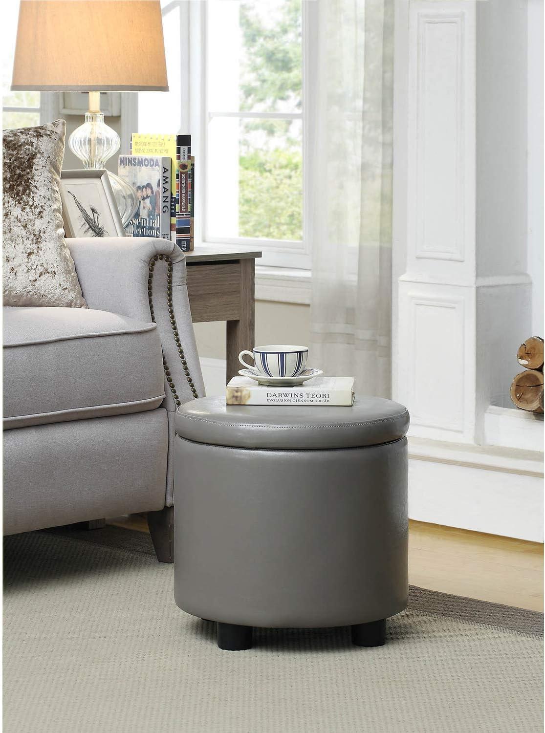 Designs4Comfort Round Accent Storage Ottoman with Reversible Tray Lid, Taupe Gray Faux Leather