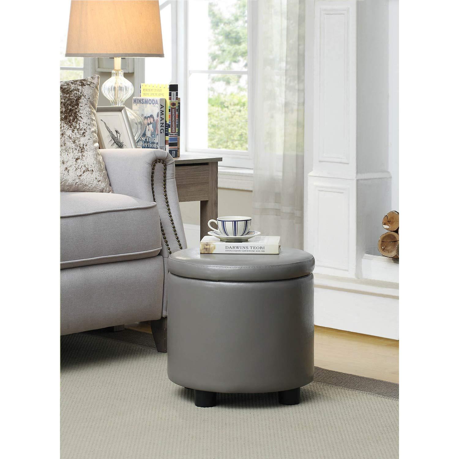 Designs4Comfort Round Accent Storage Ottoman with Reversible Tray Lid, Taupe Gray Faux Leather