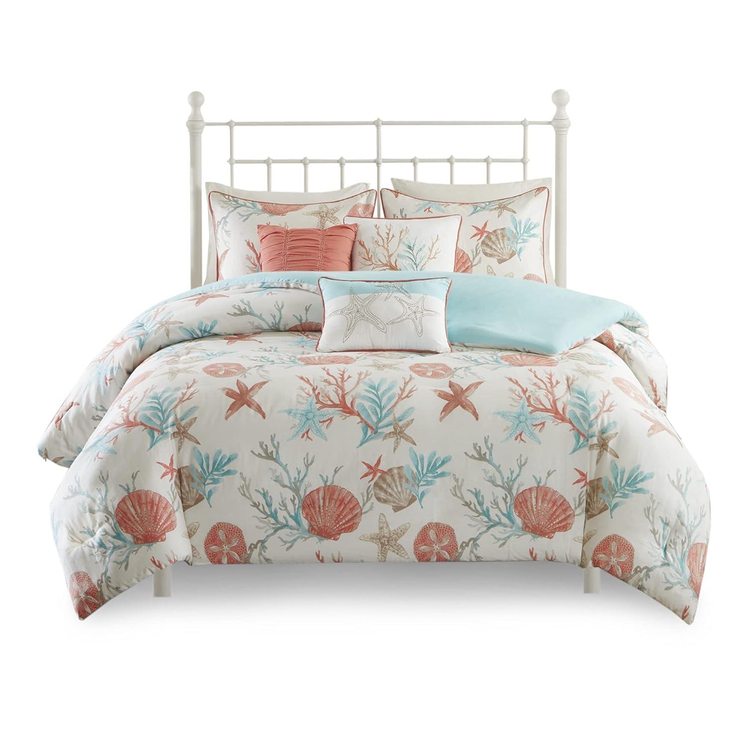 Coral and Teal Coastal Cotton Duvet Cover Set, Full/Queen, 6 Pieces