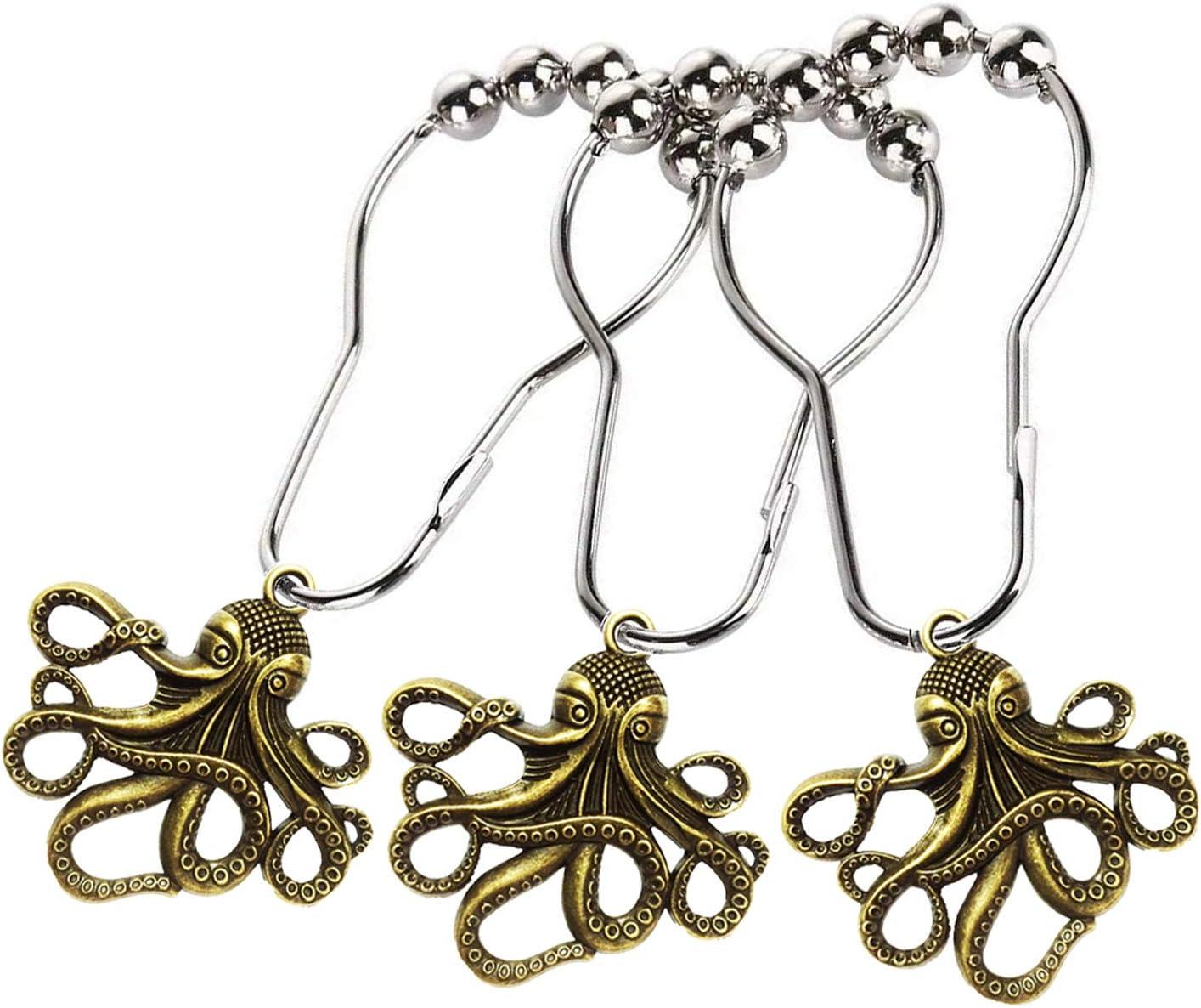 Set of 12 Octopus Shower Curtain Hooks Decorative Home Bathroom Squid Sea Creature Beast Stainless Steel Rustproof Brushed Nickel Rings with Octopus Decorative Accessories (Silver)
