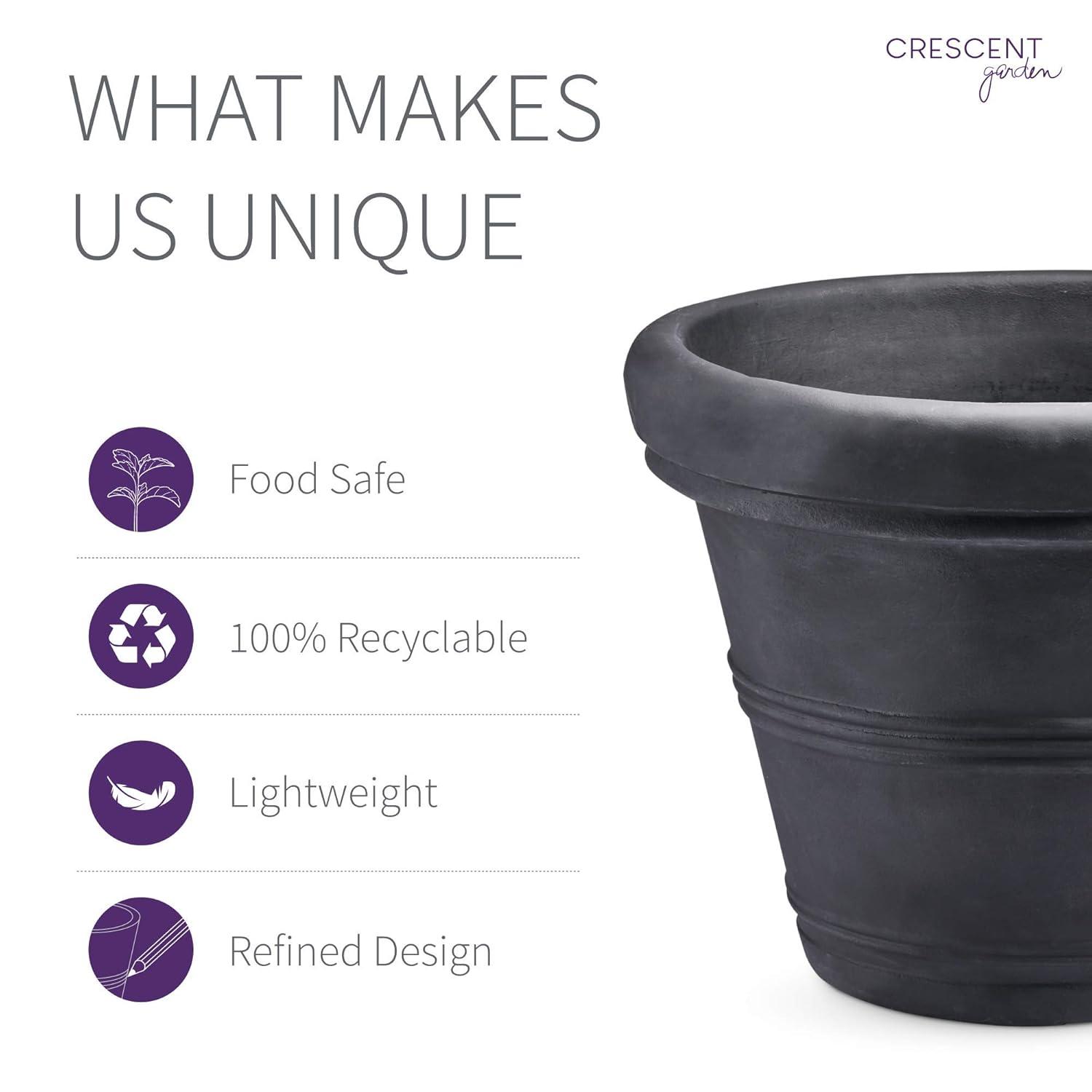 Crescent Garden 20" Wide Brunello Planter Pots Black: Durable Polyresin, Weather-Resistant, No Assembly Required