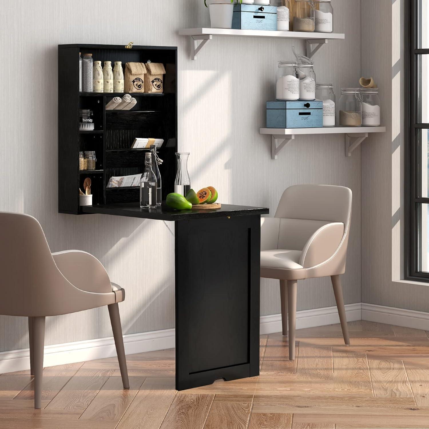 Wall Mounted Desk, Wood Collapsible Floating Desk, Convertible Computer Desk with Storage Area, Hanging Fold Out Table for Home Office, Small Spaces (Black)