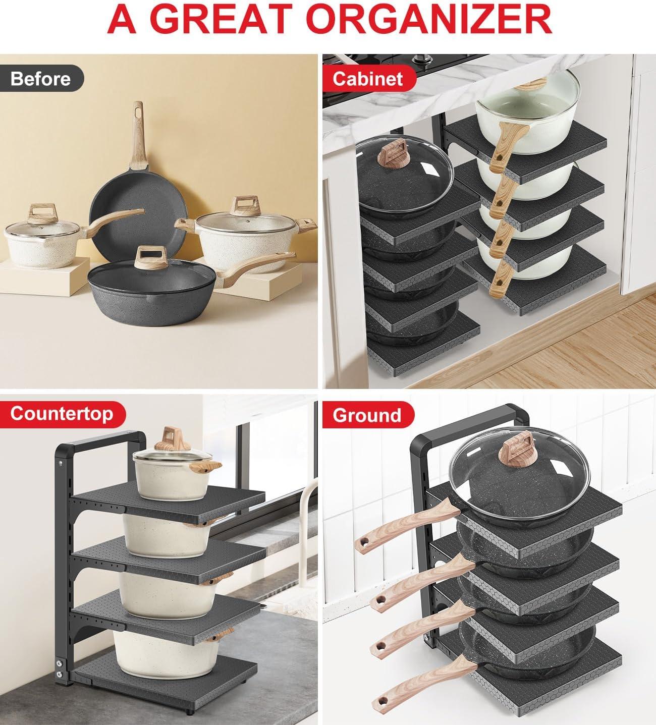 Prep & Savour Heavy Duty Pan Organizers For Cabinet & Counter 4 Tier Adjustable Pan & Pot Rack For Kitchen Cabinet Organizers And Storage