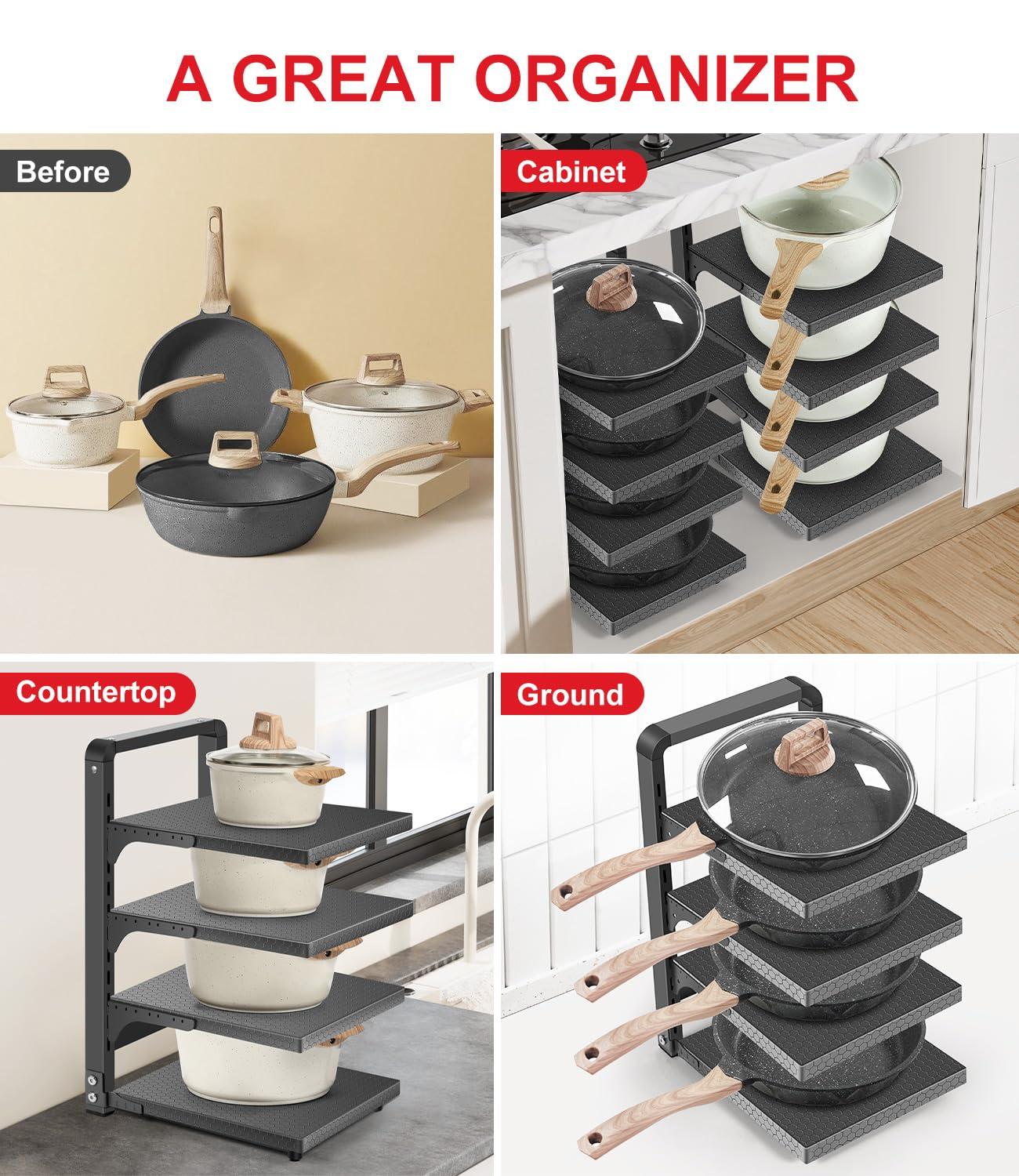 Prep & Savour Heavy Duty Pan Organizers For Cabinet & Counter 4 Tier Adjustable Pan & Pot Rack For Kitchen Cabinet Organizers And Storage