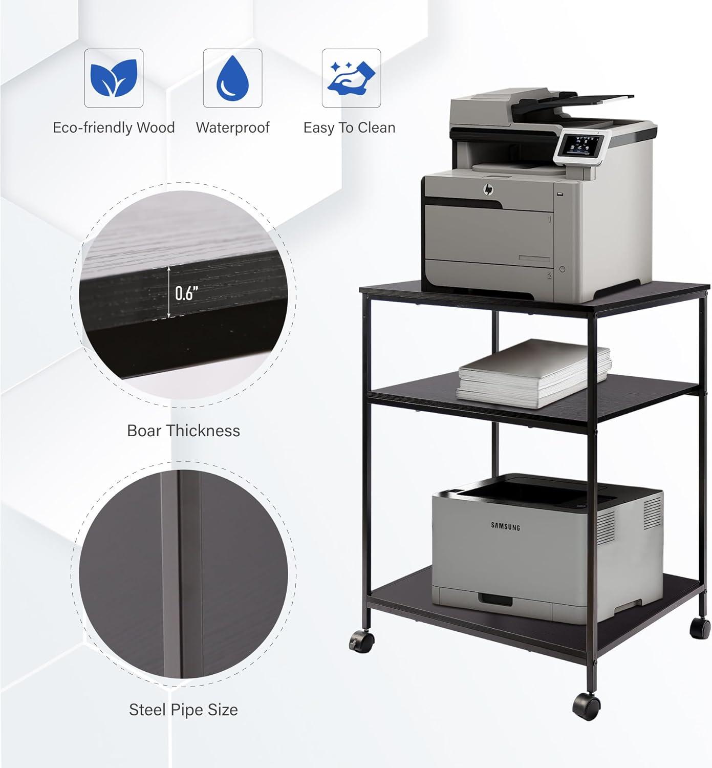 Large Printer Stand, 23.6" W x 18.9" D x 31.5" H Large Printer Table with Adjustable Storage Shelf, 3 Tier Rolling Printer Cart with Wheels for Home Office- Support 100 LBS Each Tier