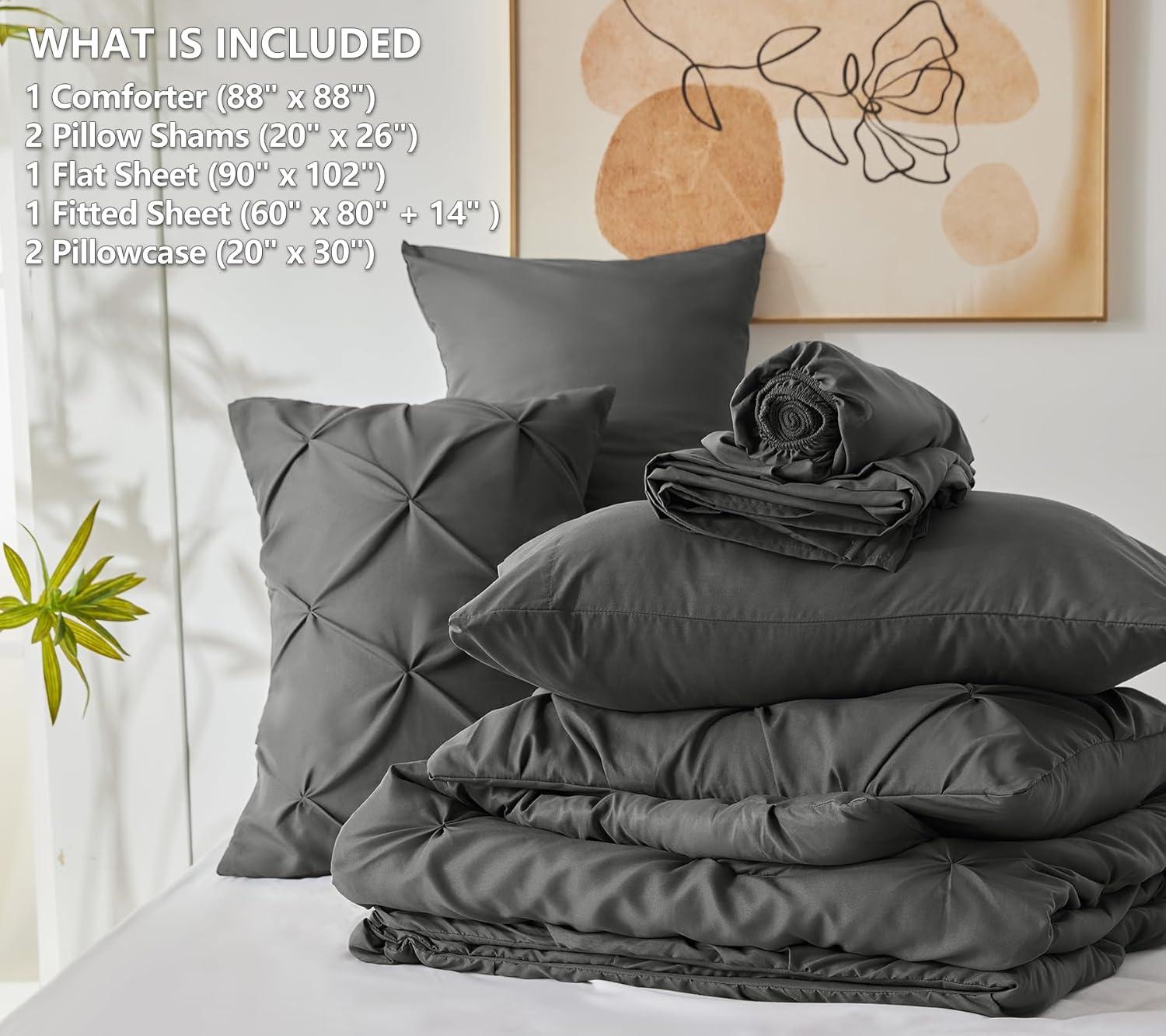 Dark Grey Pintuck Queen Bed in a Bag Set