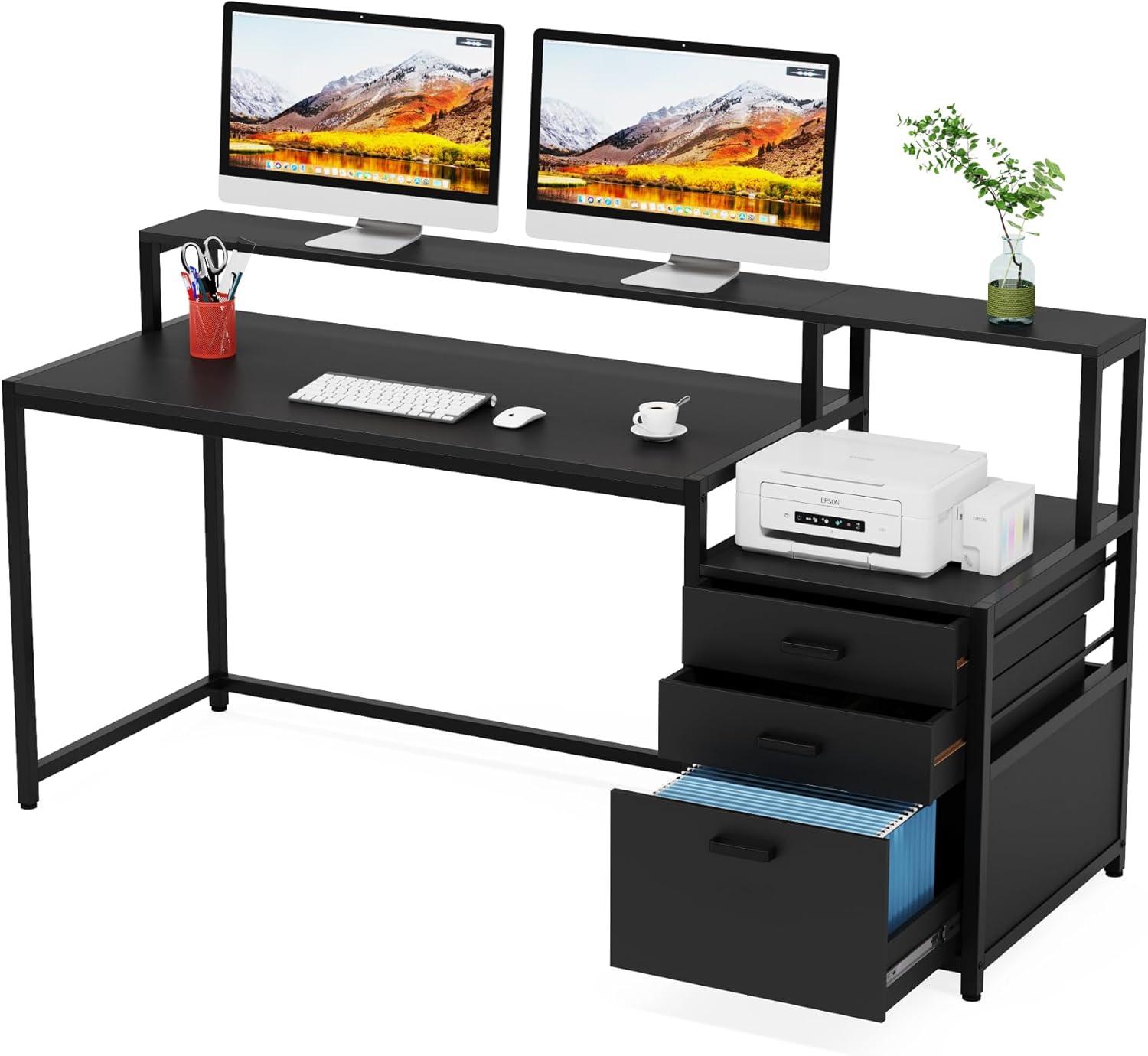 White Wood 63" Computer Desk with Drawers and Filing Cabinet