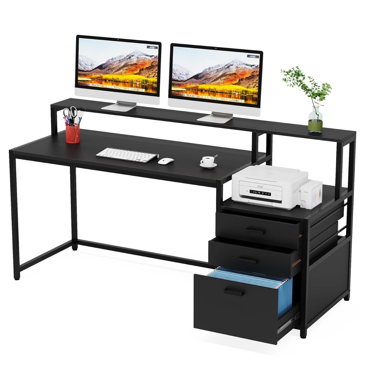 White Wood 63" Computer Desk with Drawers and Filing Cabinet