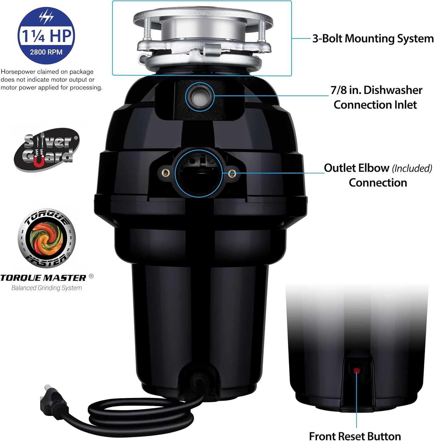 Waste Maid 1-1/4 HP Premium Garbage Disposal, Continuous Feed Disposer, Includes Attached Power Cord 10-US-WM-658-3B