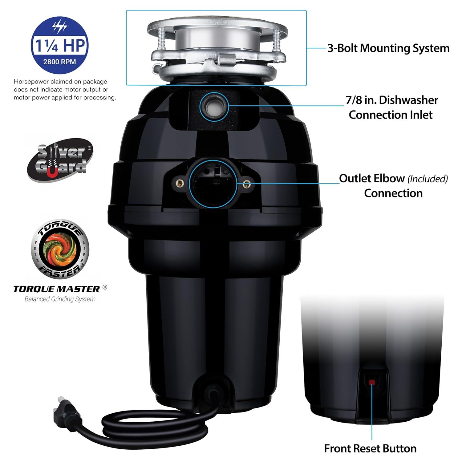 Waste Maid 1-1/4 HP Premium Garbage Disposal, Continuous Feed Disposer, Includes Attached Power Cord 10-US-WM-658-3B