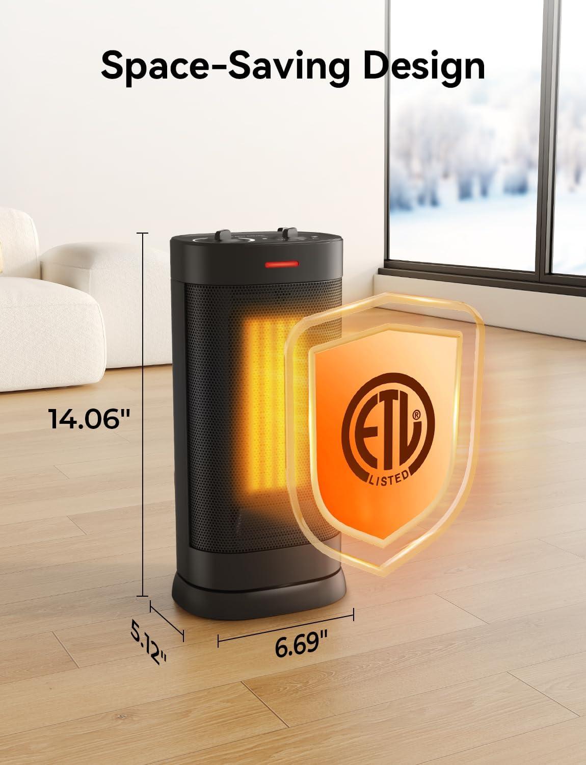 1500W Space Heaters for Indoor Use, Portable PTC Ceramic Space Heater, Small Space Heater with Thermostat, Three Modes, Overheat and Tip-Over Protection for Office Home