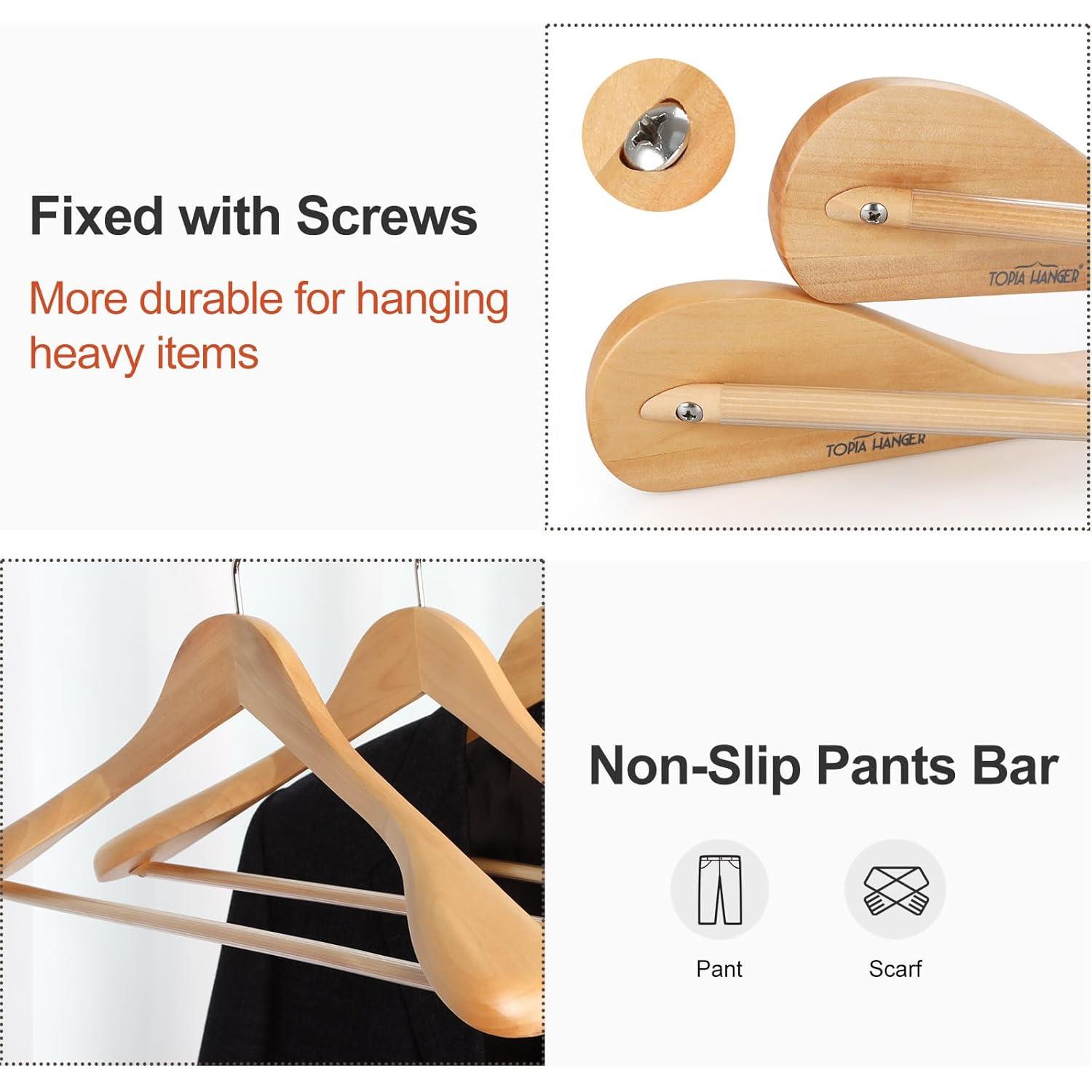 TOPIA HANGER Wide Shoulder Wooden Hangers, Suit Hangers with Non Slip Pants Bar & 360° Swivel Hook, Solid Wood Heavy Duty Coat Hanger, 6 Pack (Natural)-CT02NA