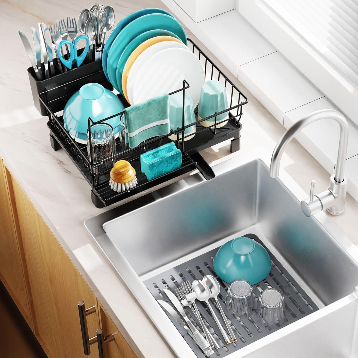 iSPECLE Dish Drying Rack with Drainboard - Dish Racks for Kitchen Counter, Rust-Resistant Compact Dish Drainer with Utensil Holder, Drain Spout and High Feet on Drip Tray, Black