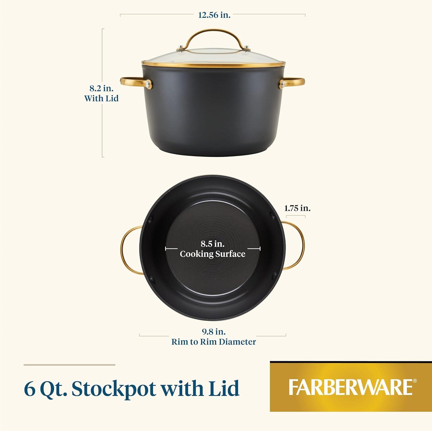 Farberware Forged Induction 6qt Ceramic Nonstick Covered Stock pot: Dishwasher-Safe, Tempered Glass Lid, Stainless Steel Handle