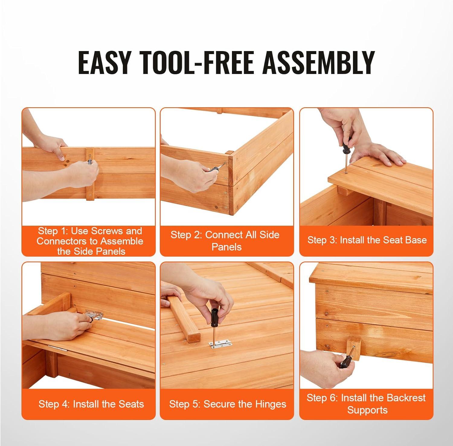 Natural Fir Wood Square Sandbox with Foldable Bench Seats