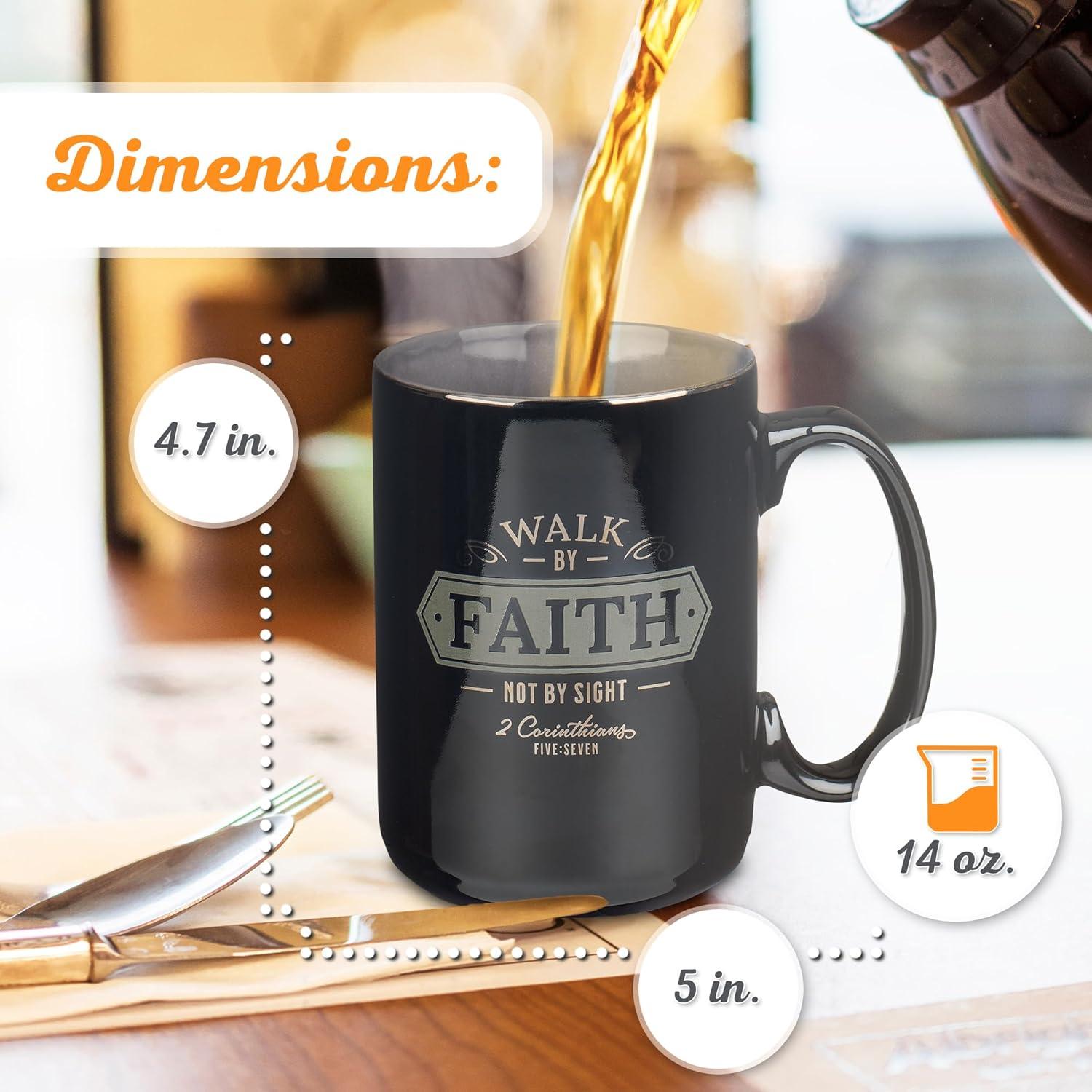 Christian Art Gifts Large Ceramic Bible Verse Coffee & Tea Mug for Men: Walk by Faith - 2 Corinthians 5:7 Inspirational Scripture, Non-toxic & Lead-free Novelty Drinkware, Black/Gray w/Silver, 14 oz.