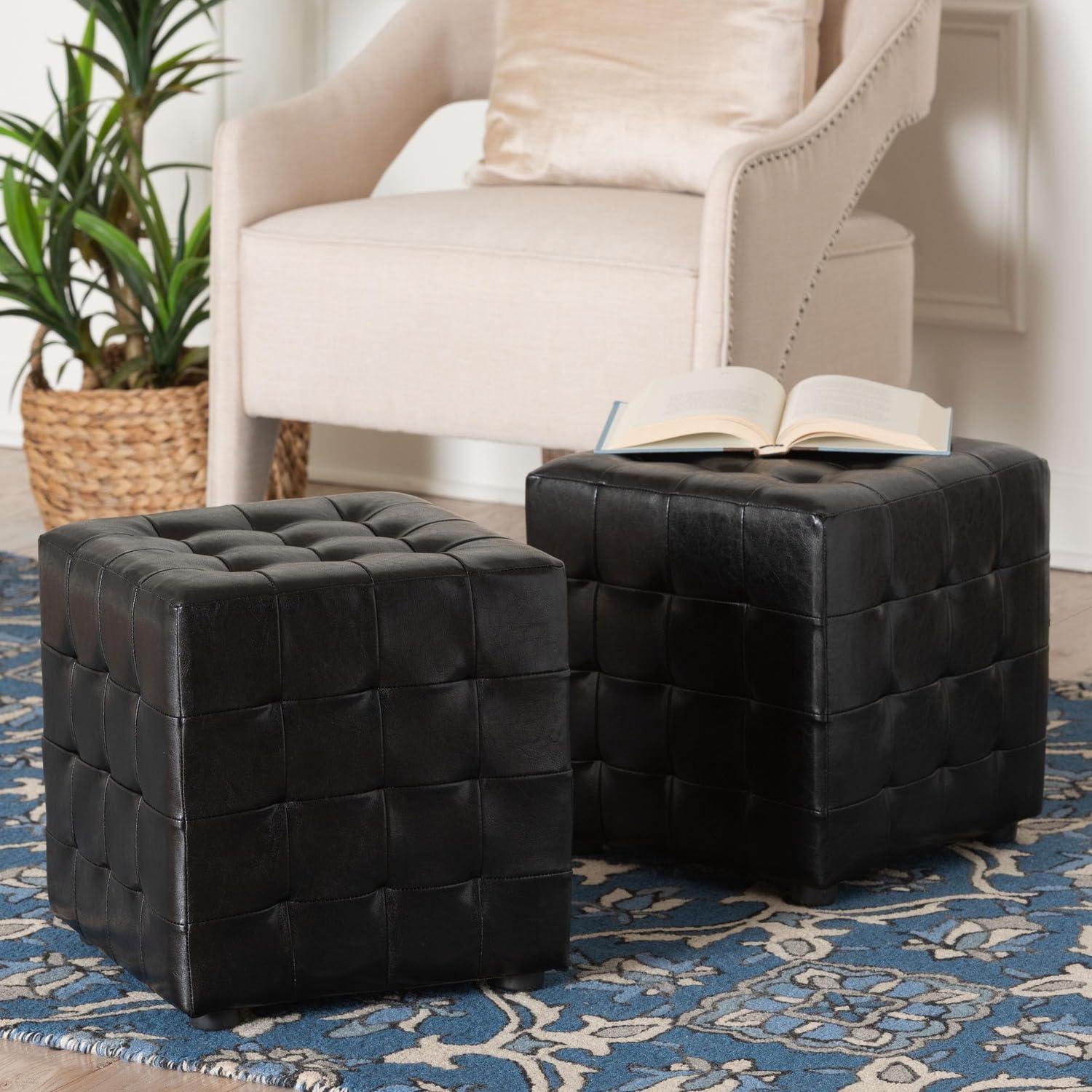 Set of 2 Siskal Modern Cube Ottoman Black - Baxton Studio: Faux Leather, Wood Frame, No Assembly Required