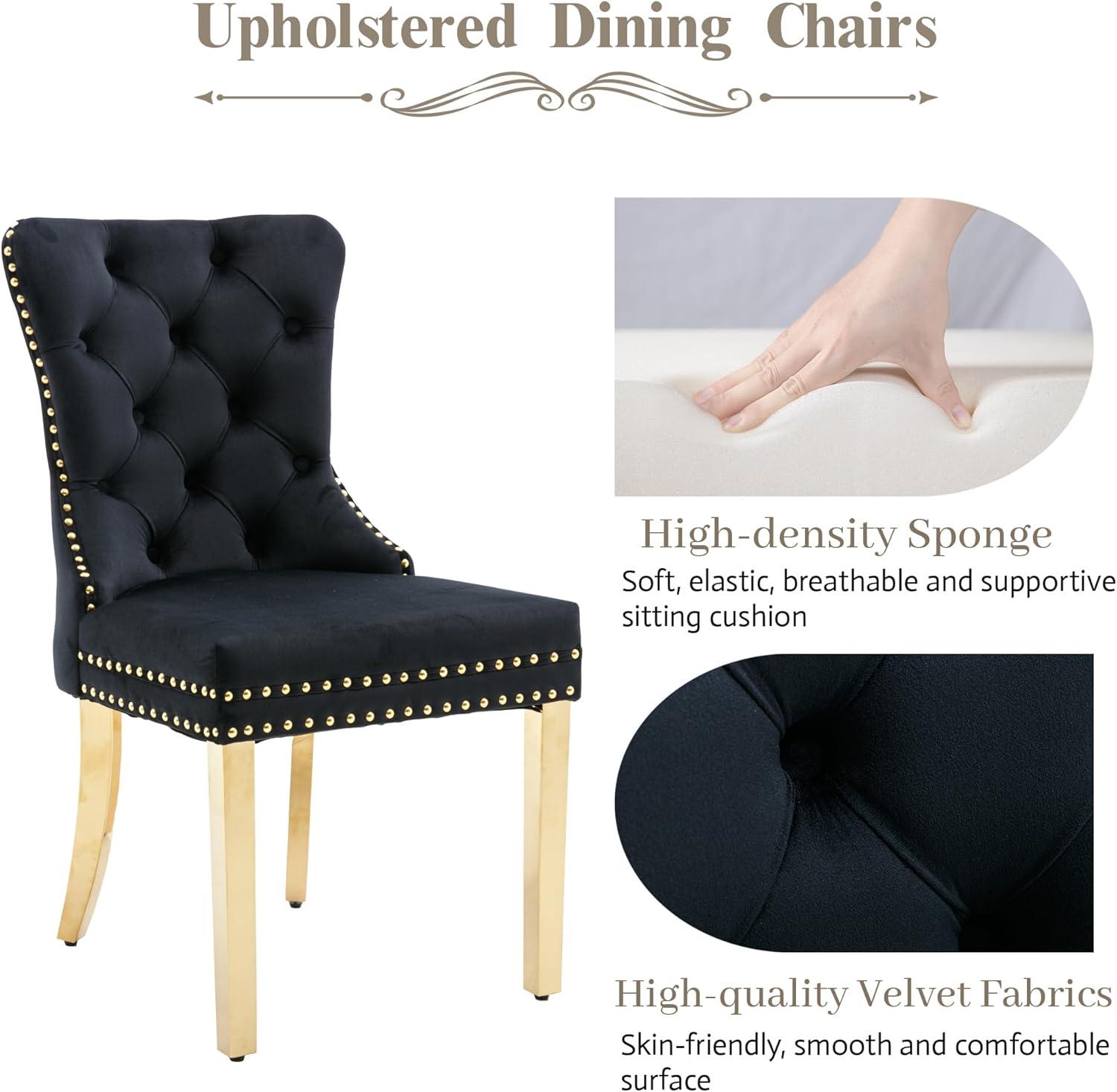 ODUSE-DAILY Black Velvet Dining Chairs Set of 6, Kitchen & Dining Room Chairs, Nailheads Tufted, Sillas De Comedor, Fabric Upholstered, Golden Metal Legs (Black, 6 Pcs)