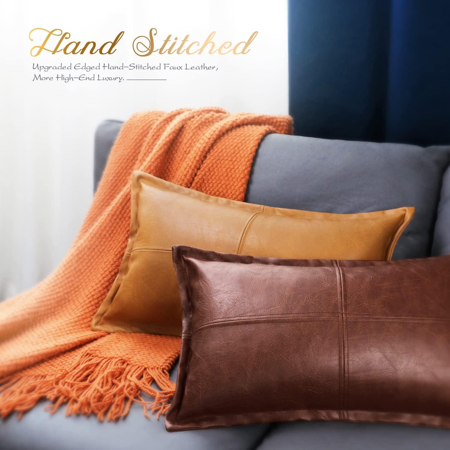 BRAWARM Dark Brown Leather Throw Pillow 12 X 20 Inches, Faux Leather Pillow Cover with Piping, Hand Stitched Leather Decorative Lumbar Throw Pillow Covers for Couch Sofa Bed Living Room Garden