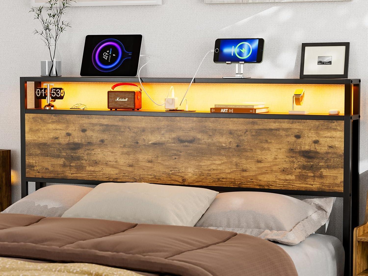 Ivy Bronx Kaiwei Storage Headboard With Led Lights & Charging Station - Industrial Metal And Wood