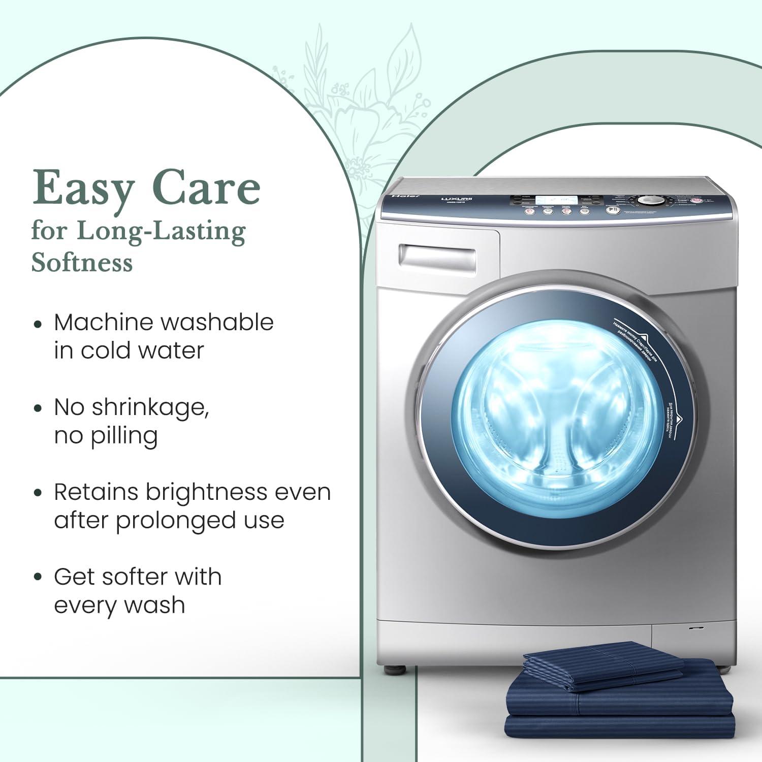 Feather & Stitch 500 TC King Size Damask Bed Sheet Set, 100% Cotton Soft Breathable Bedsheets, 4 Piece 18" Deep Pockets Sateen Weave Striped Bedding Mattress Resort Hotel Luxury- (Dark Blue, King)