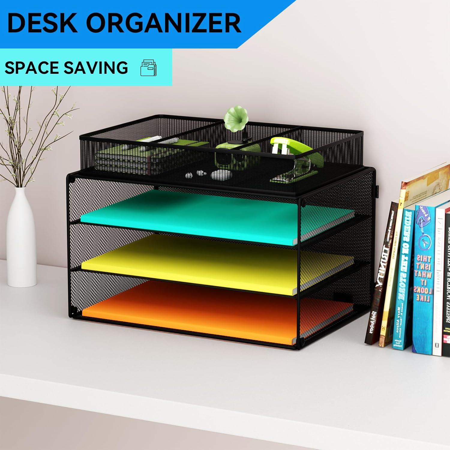 Paper Letter Tray Organizer, 3 Tier Mesh File Tray Desktop Paper Sorter with Drawer, Black