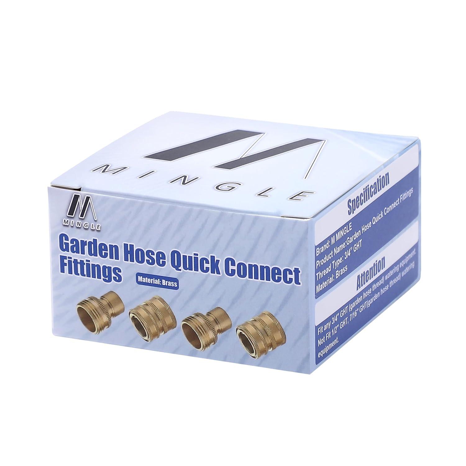 M MINGLE Garden Hose Quick Connect Fittings with Metal Springs, 3/4 inch GHT Solid Brass, Quick Connector Set, 2-Pack