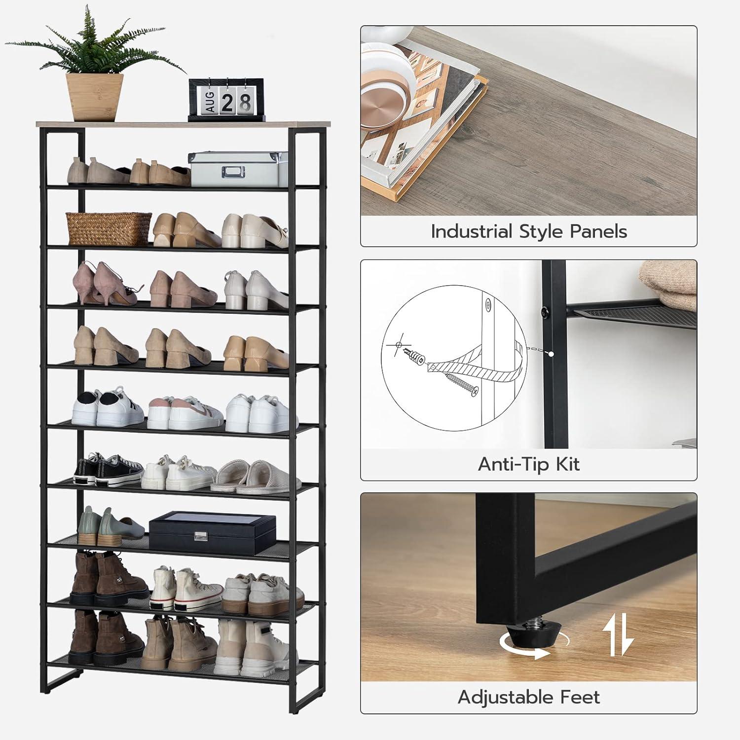 Greige and Black 10-Tier Industrial Shoe Rack with Metal Shelves