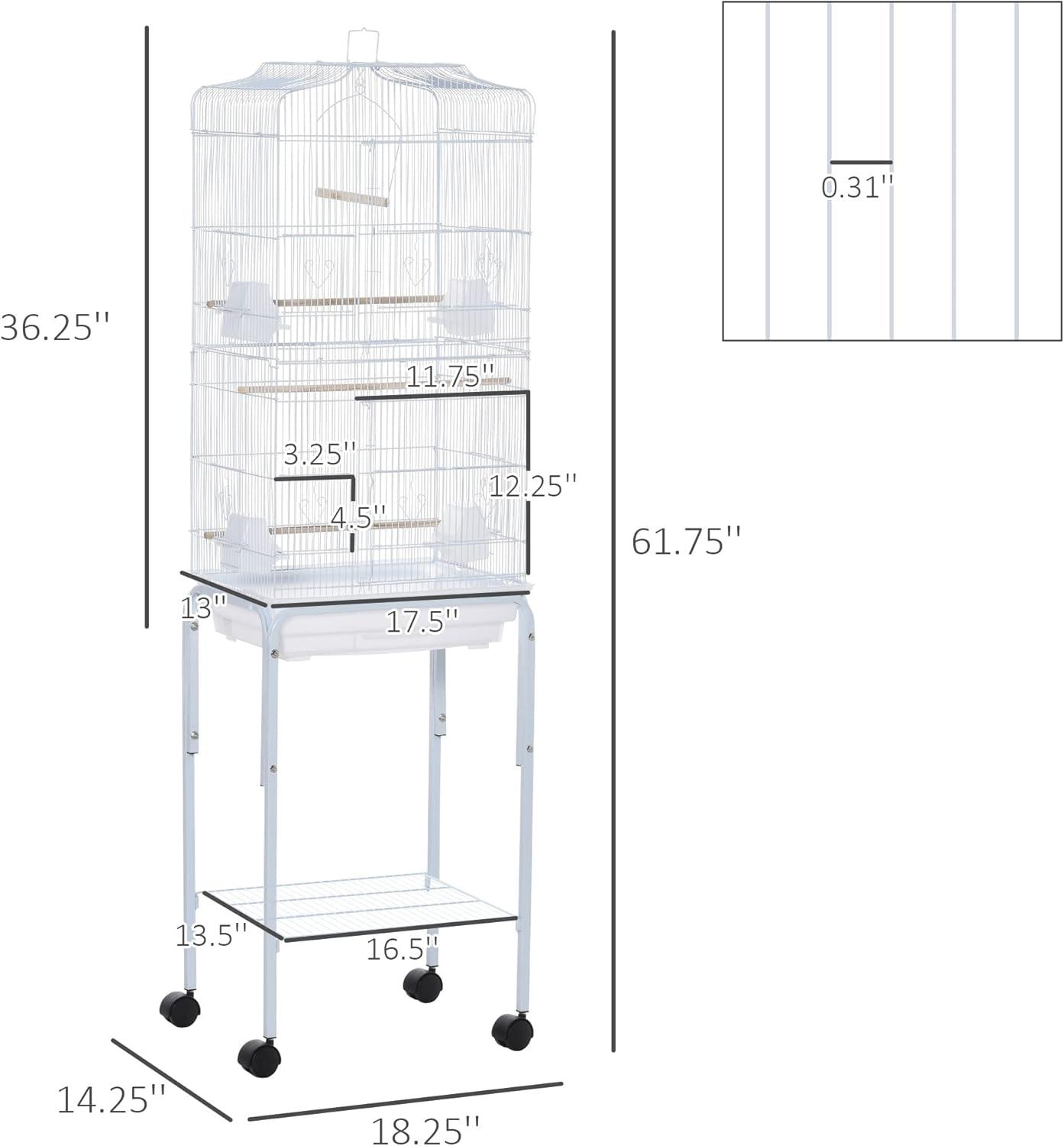 PawHut 60" Metal Indoor Bird Cage Starter Kit With Detachable Rolling Stand, Storage Basket, And Accessories, White