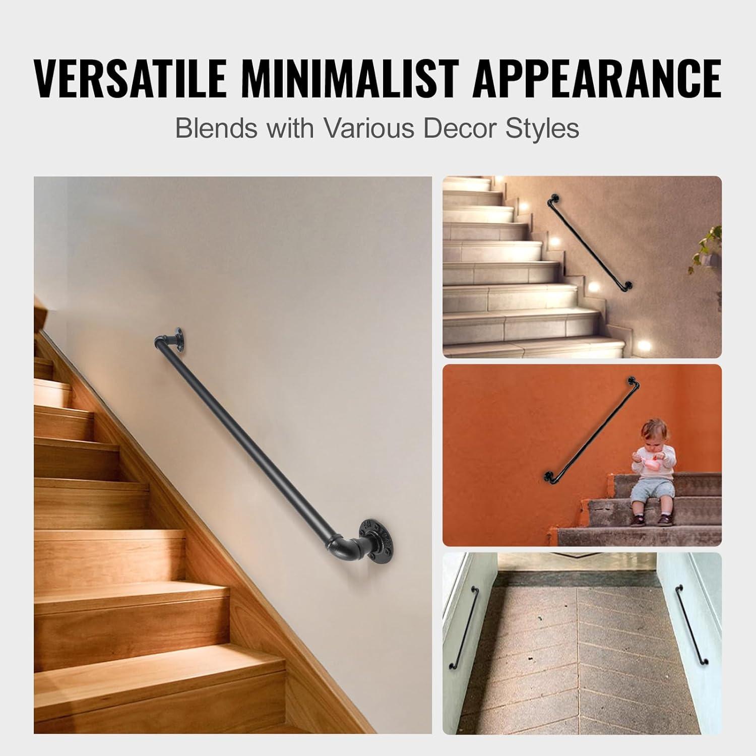Black PVC and Stainless Steel Stair Handrail, 39.37 in