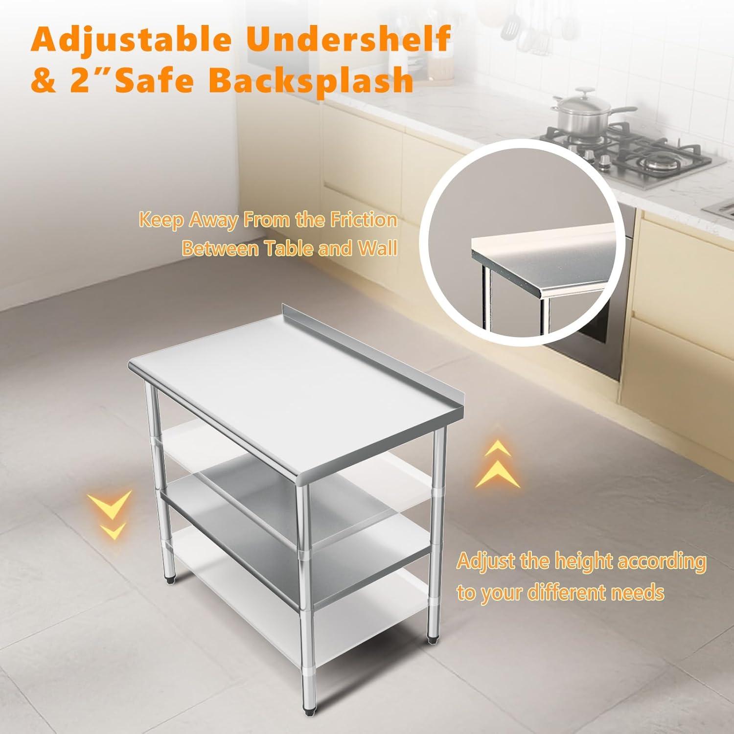 ROVSUN 36'' x 24'' Stainless Steel Table for Prep & Work, Metal Table with Undershelf for Kitchen Restaurant, Home