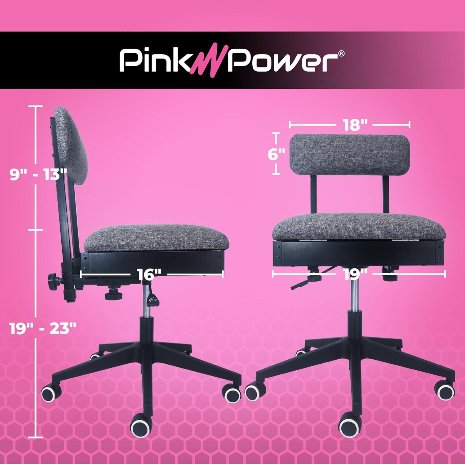 Pink Power Hydraulic Sewing Chair with Wheels and Adjustable Back Support - Armless Chair for Sewing, Crafting