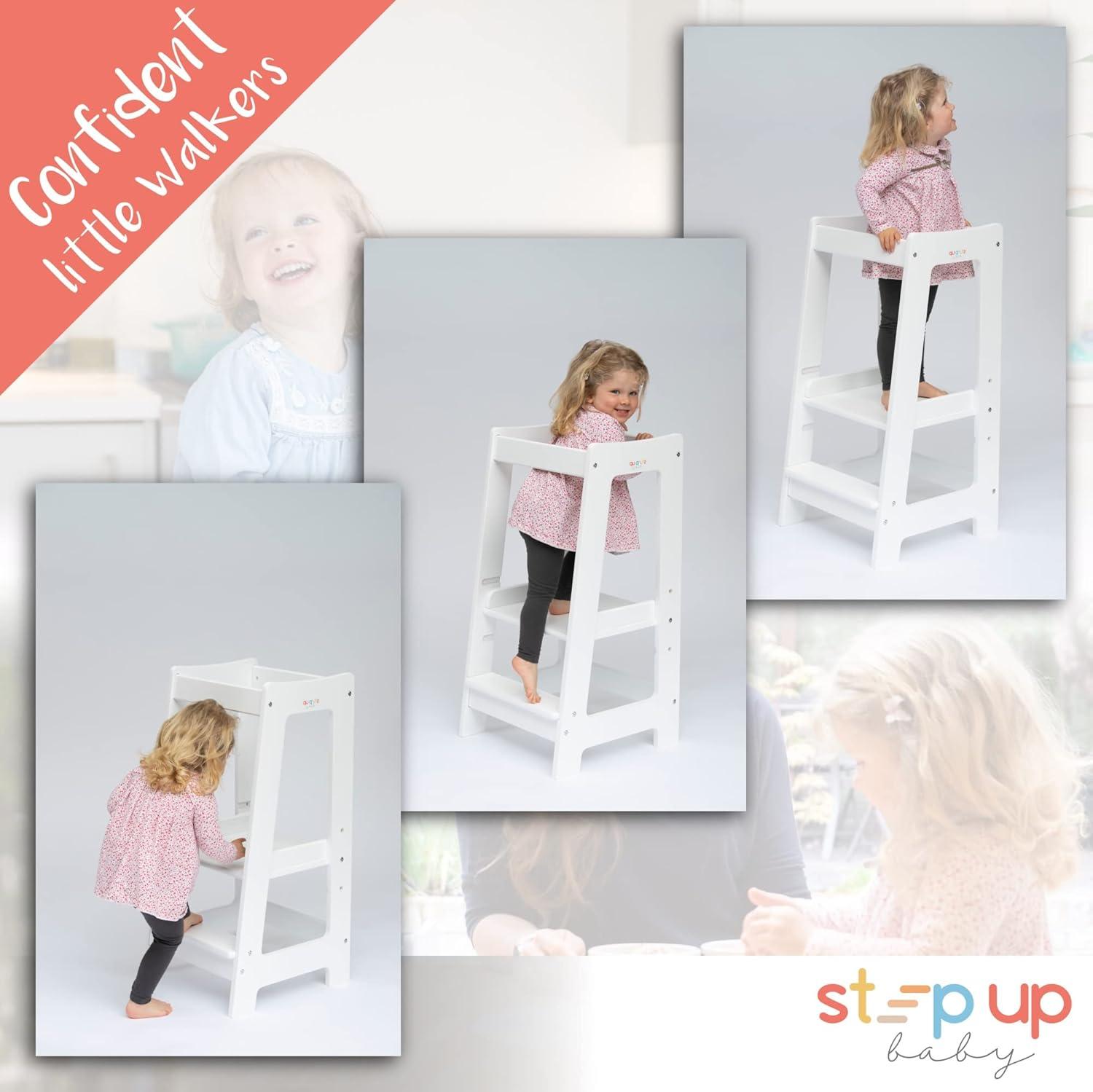 Stepup Baby Montessori Toddler Tower Wooden Step Stool, with Safety Rail, Adjustable for 18 Month - 5 Years - Varnished