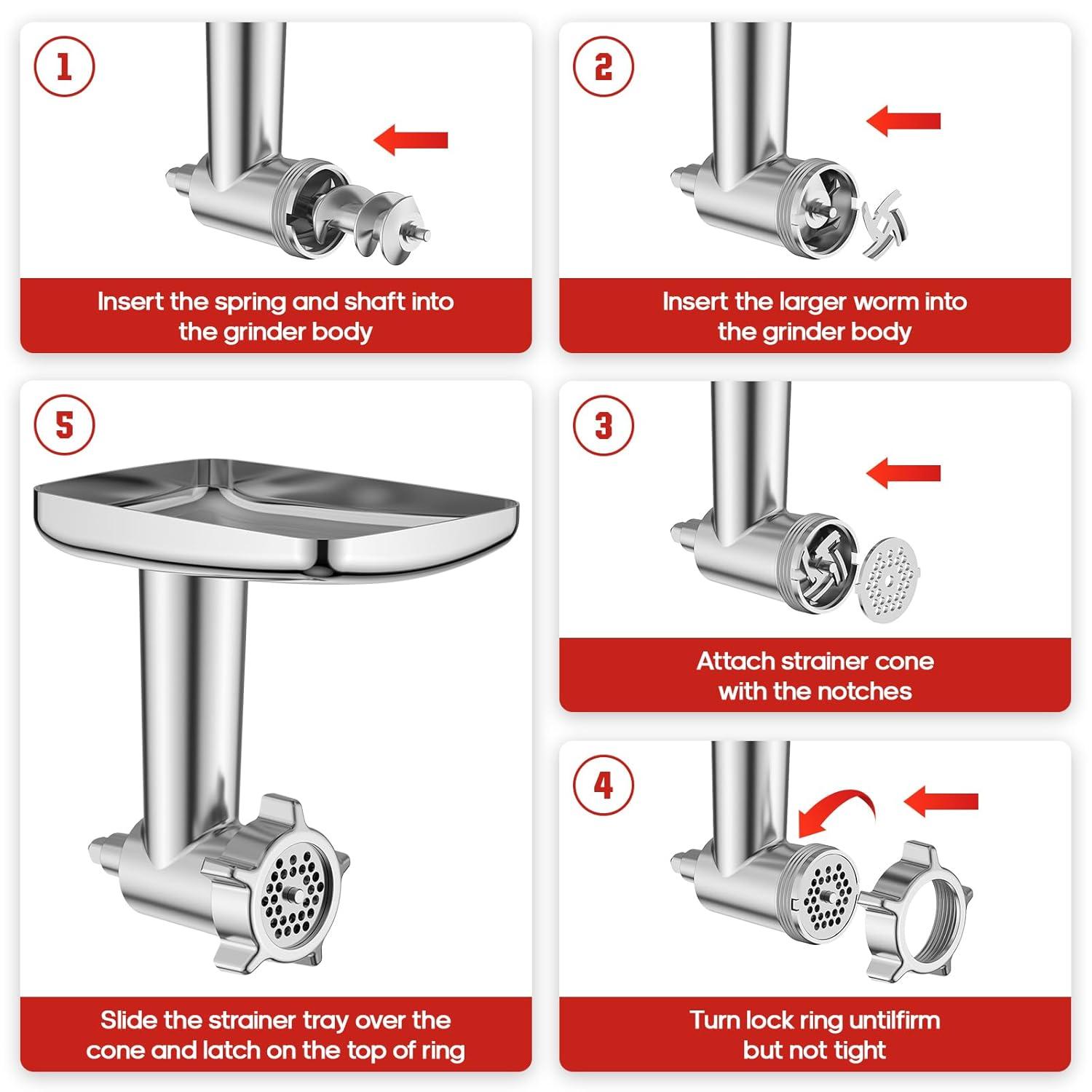 Meat Grinder & Stainless Steel Slicer Shredder Attachment for KitchenAid Stand Mixer, Includes Metal Food Grinder Attachment with Sausage Stuffer Tubes and Salad Machine Accessory by InnoMoon