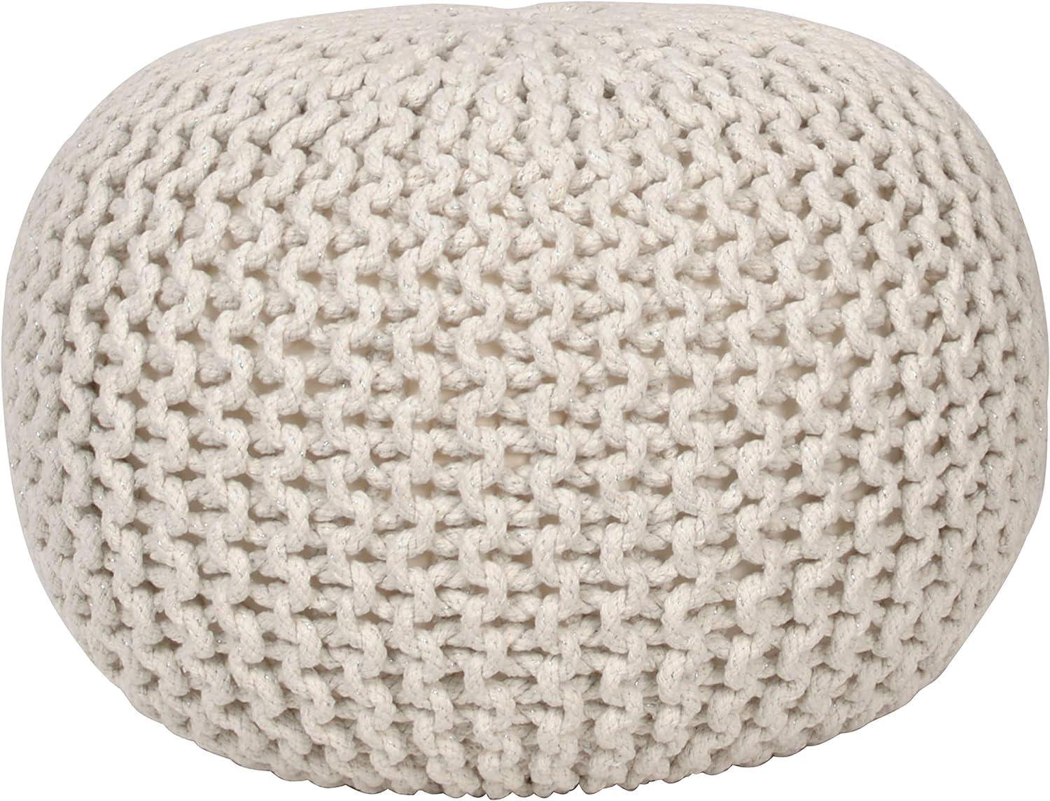 Off-White Cotton Lurex Round Storage Pouf, 20"