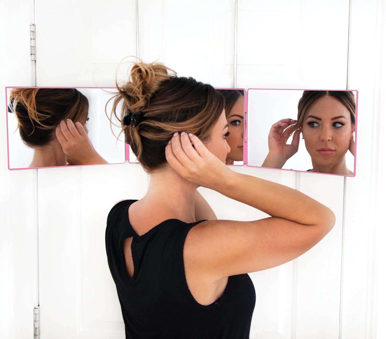 Self Style System - 3 Way Mirror for Hair Braiding - Three Way Mirror for Hair Styling and Hair Coloring - Over The Door Mirror with Telescoping Hooks - Travel Size (Pink)