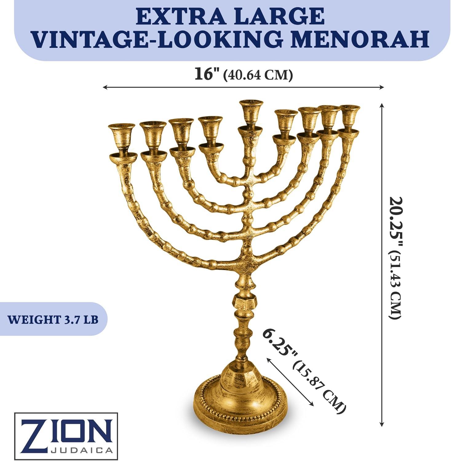 Zion Judaica Extra Large Traditional Chanukah Menorah use with Thick Shabbat Candles or Oil Cups Antique Gold Hanukkah Minorah for Shul, Synagogue, Temple 21" Tall Large Candle Chanukiah