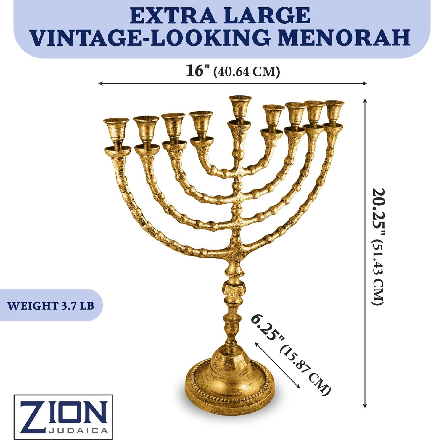 Zion Judaica Extra Large Traditional Chanukah Menorah use with Thick Shabbat Candles or Oil Cups Antique Gold Hanukkah Minorah for Shul, Synagogue, Temple 21" Tall Large Candle Chanukiah