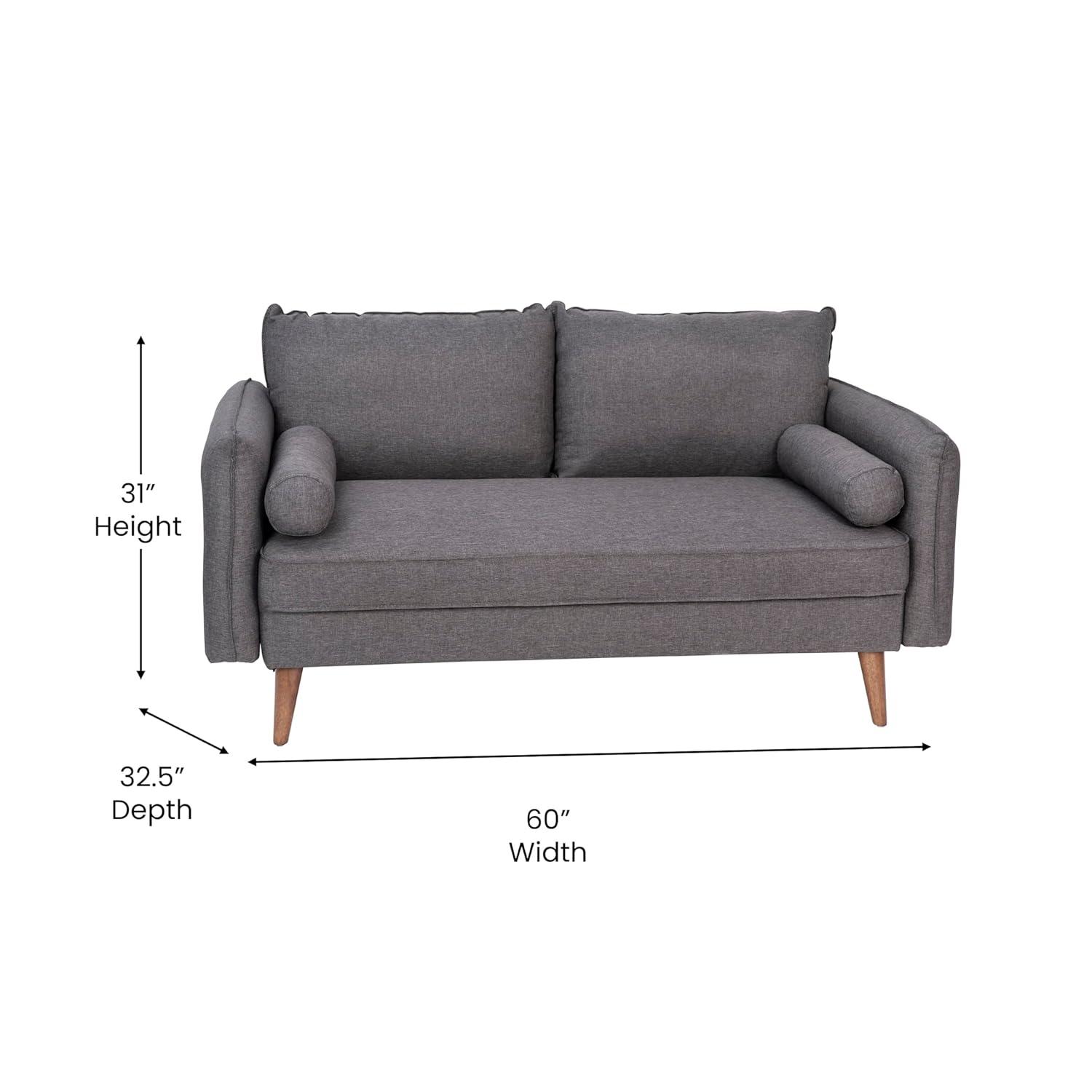 Flash Furniture Evie Mid-Century Modern Loveseat Sofa with Faux Linen Fabric Upholstery & Solid Wood Legs in Stone Gray