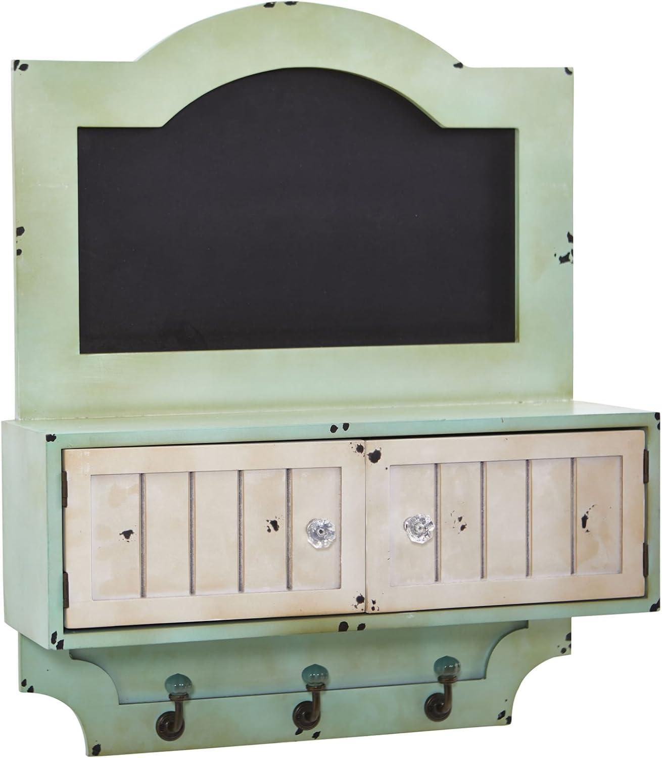 Vintage Light Green Chalkboard Wall Organizer with Hooks and Doors