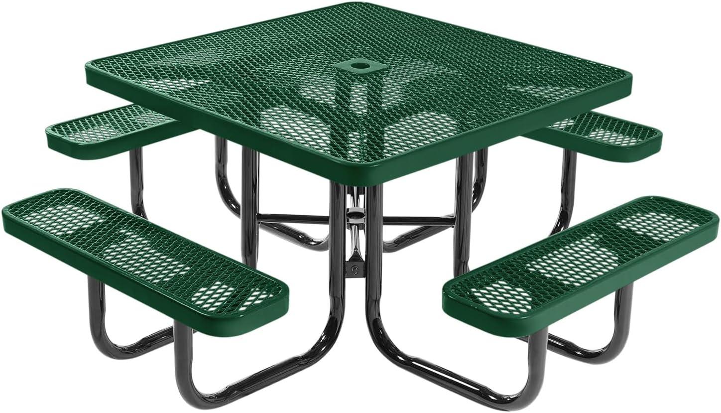 46" Green Expanded Metal Outdoor Picnic Table with Umbrella Hole